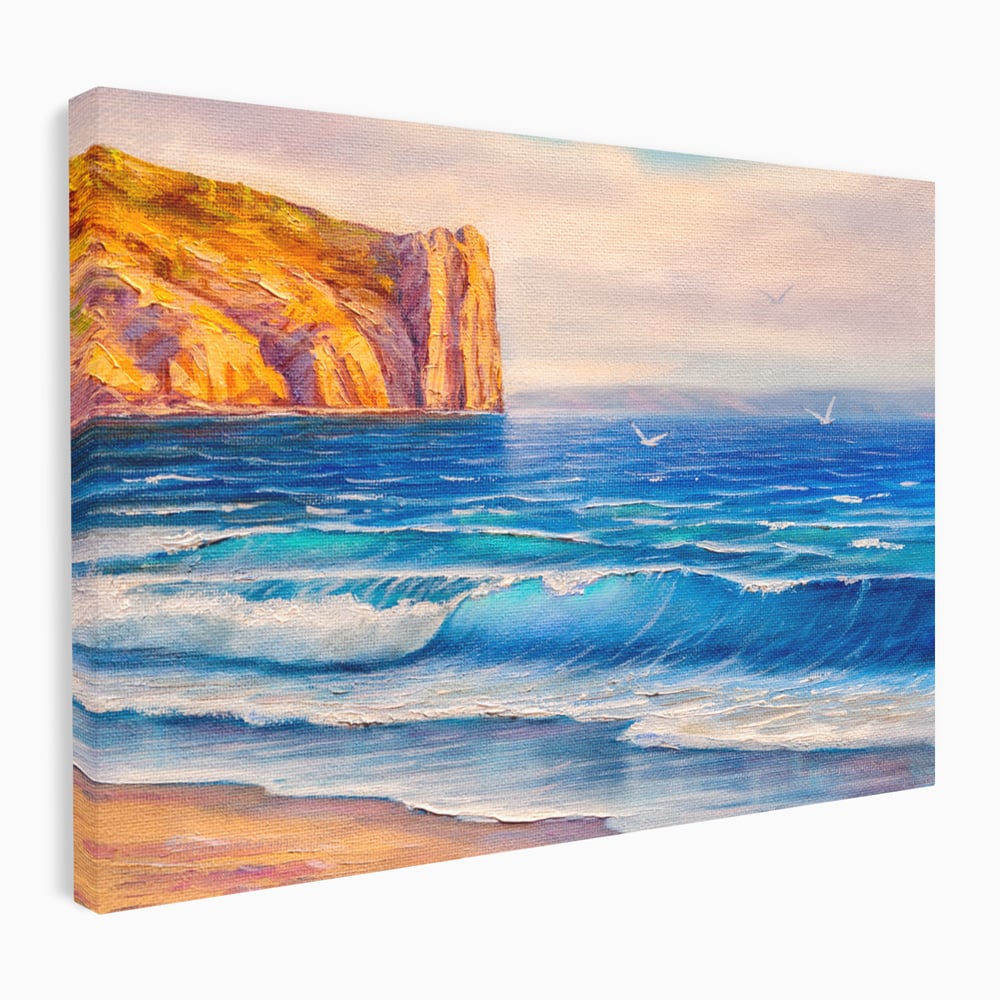 Tablou canvas cu pictura cu stanca pe malul marii, fara rama, pe sasiu de lemn